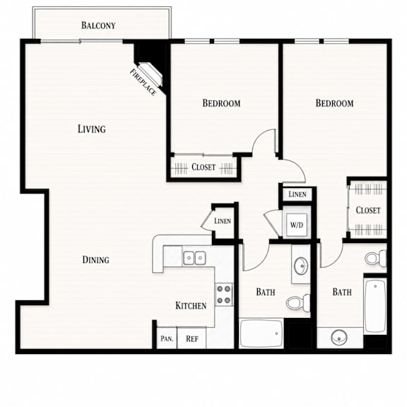 A black and white image of a house floor plan with a living room, dining room, kitchen, and two bedrooms.